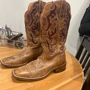 Classic Brown Leather Cowboy Boots with Red Embroideredy